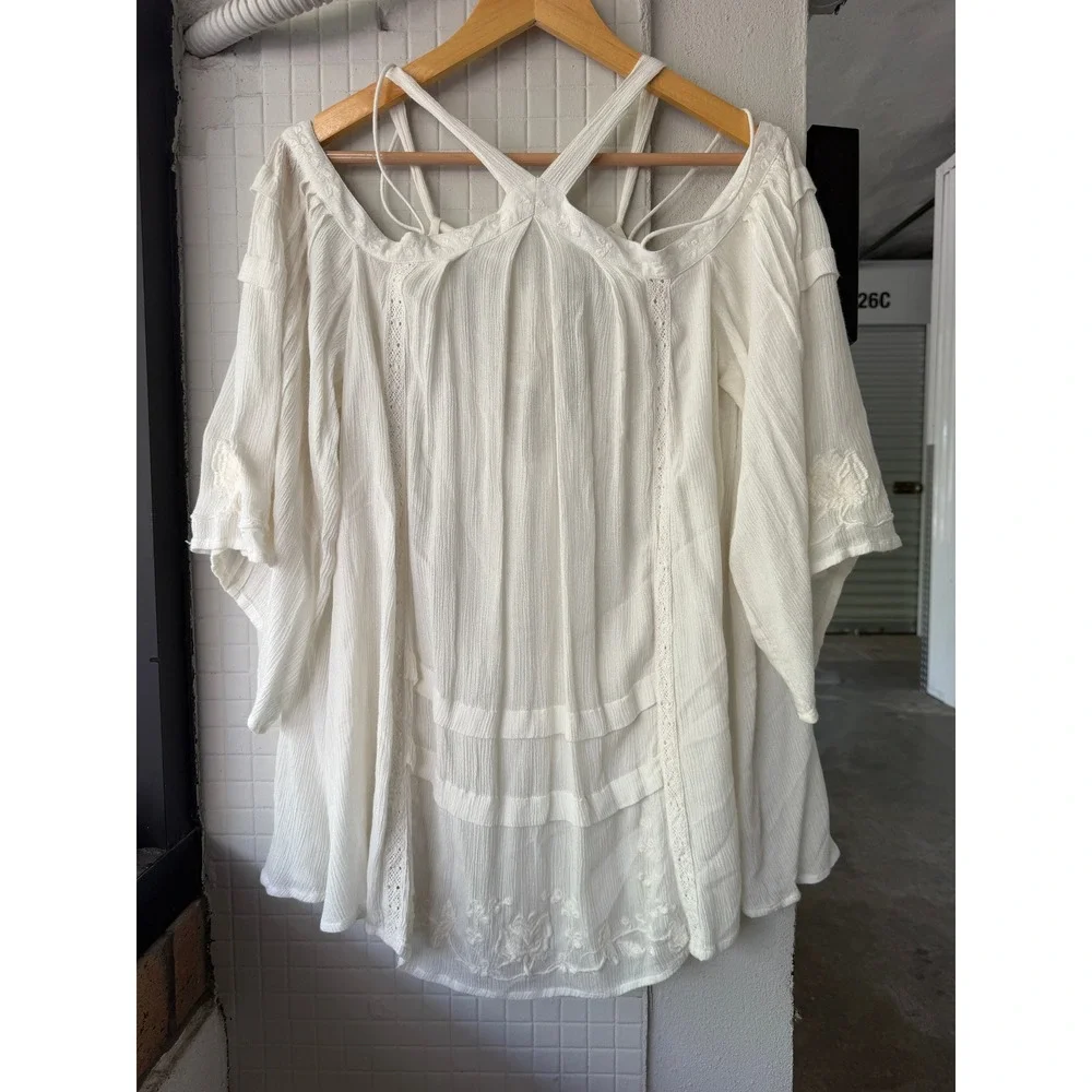 Free People Oversized Peasant Top XS Ivory Strappy Embroidered Boho Bell Sleeve